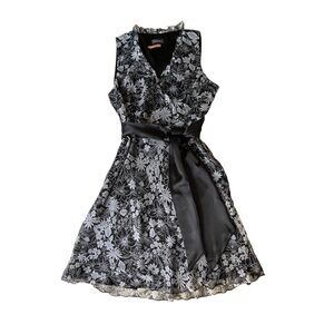 Spense Black and White Floral A-Line Midi Dress with Satin Belt